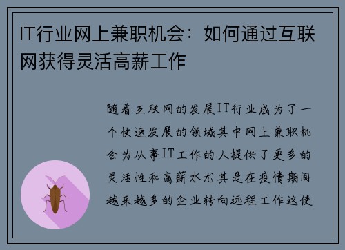 IT行业网上兼职机会：如何通过互联网获得灵活高薪工作