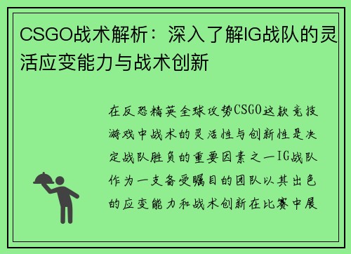 CSGO战术解析：深入了解IG战队的灵活应变能力与战术创新