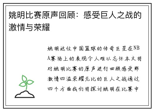 姚明比赛原声回顾：感受巨人之战的激情与荣耀