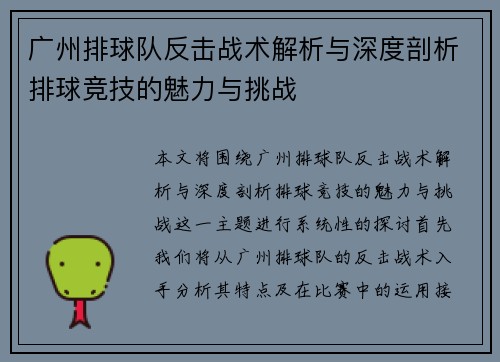 广州排球队反击战术解析与深度剖析排球竞技的魅力与挑战
