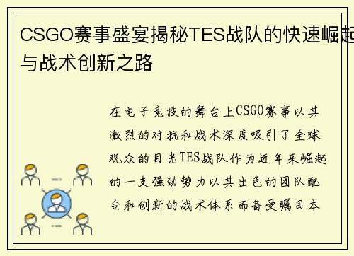 CSGO赛事盛宴揭秘TES战队的快速崛起与战术创新之路